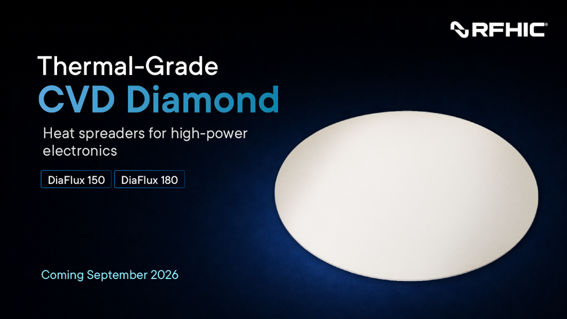 RFHIC DiaFlux 150 and DiaFlux 180 thermal-grade CVD diamond heat spreaders on a 4-inch polycrystalline diamond wafer