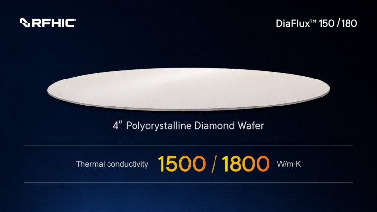 RFHIC DiaFlux 150 and DiaFlux 180 thermal-grade CVD diamond heat spreaders on a 4-inch polycrystalline diamond wafer